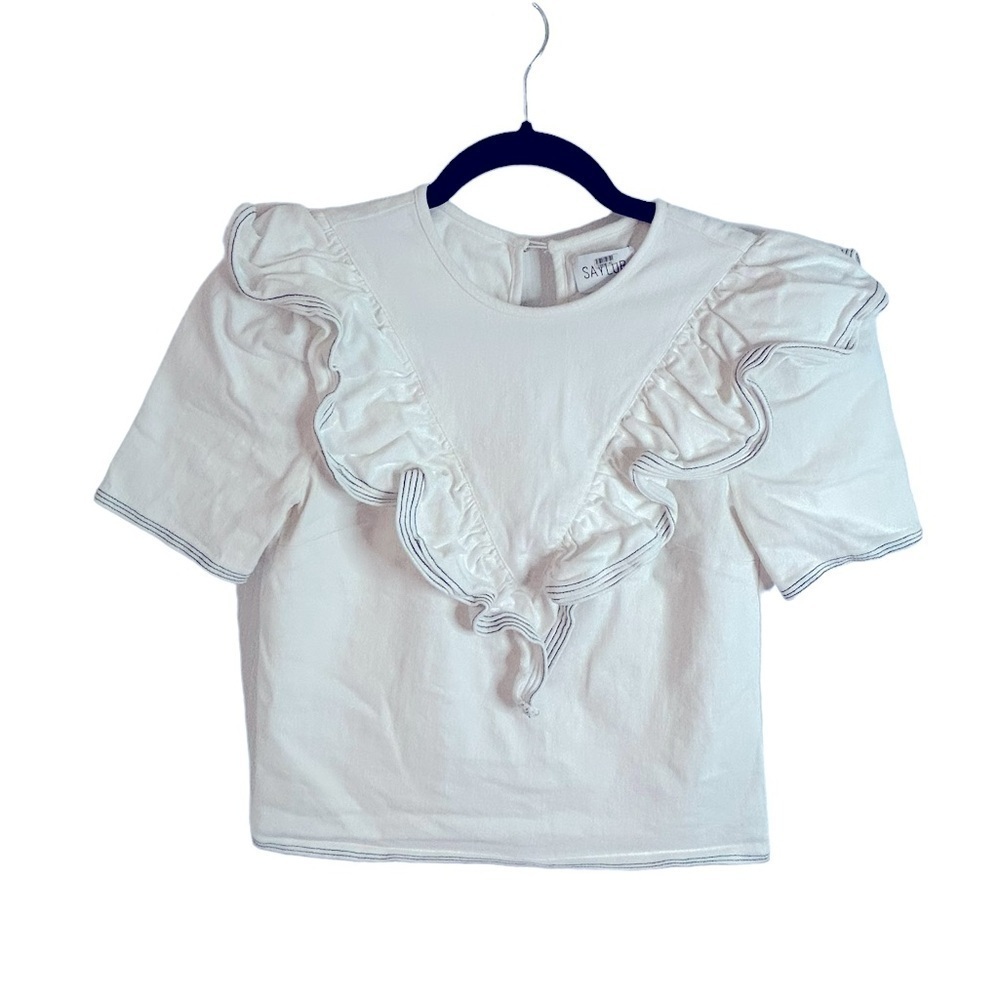 Saylor Anthropologie White Ruffle Sleeve Nautical Harriette Denim Top Size XS - Picture 5 of 12